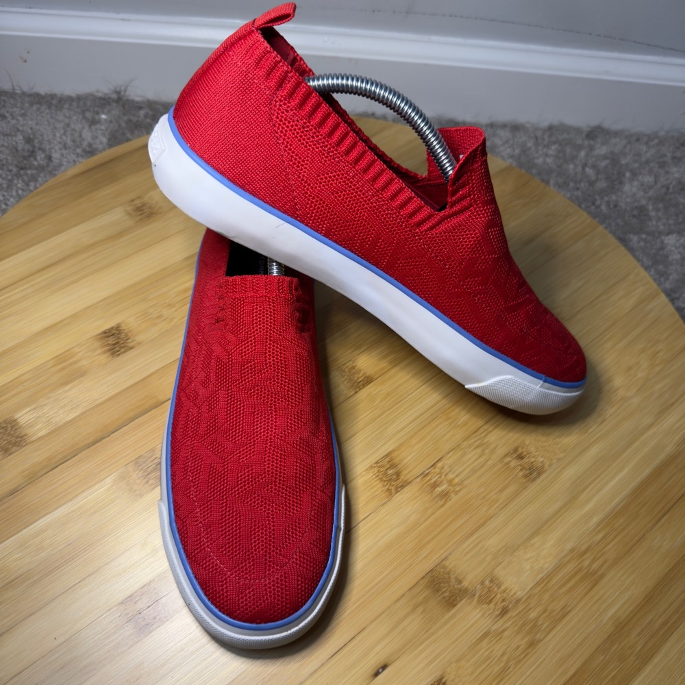 Tommy Hilfiger Womens Red Knit Monogram Slip On Sneakers Script Logo Low Top - Picture 2 of 11